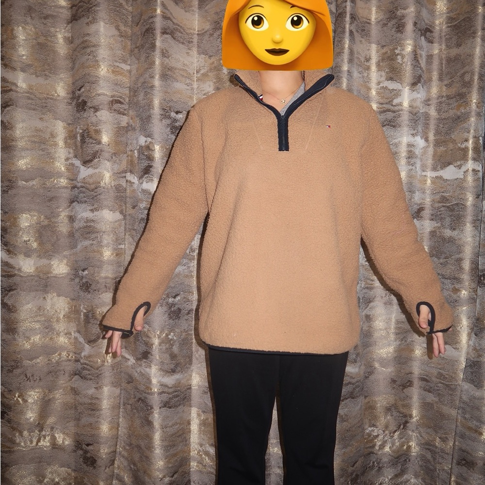 Tommy Hilfiger Camel Zip-Up Sweater with Navy Trim